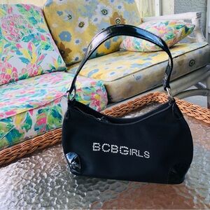 BCBG Girls Black Mini Shoulder Bag Rhinestones Logo Patent Leather Y2K 90s Bratz